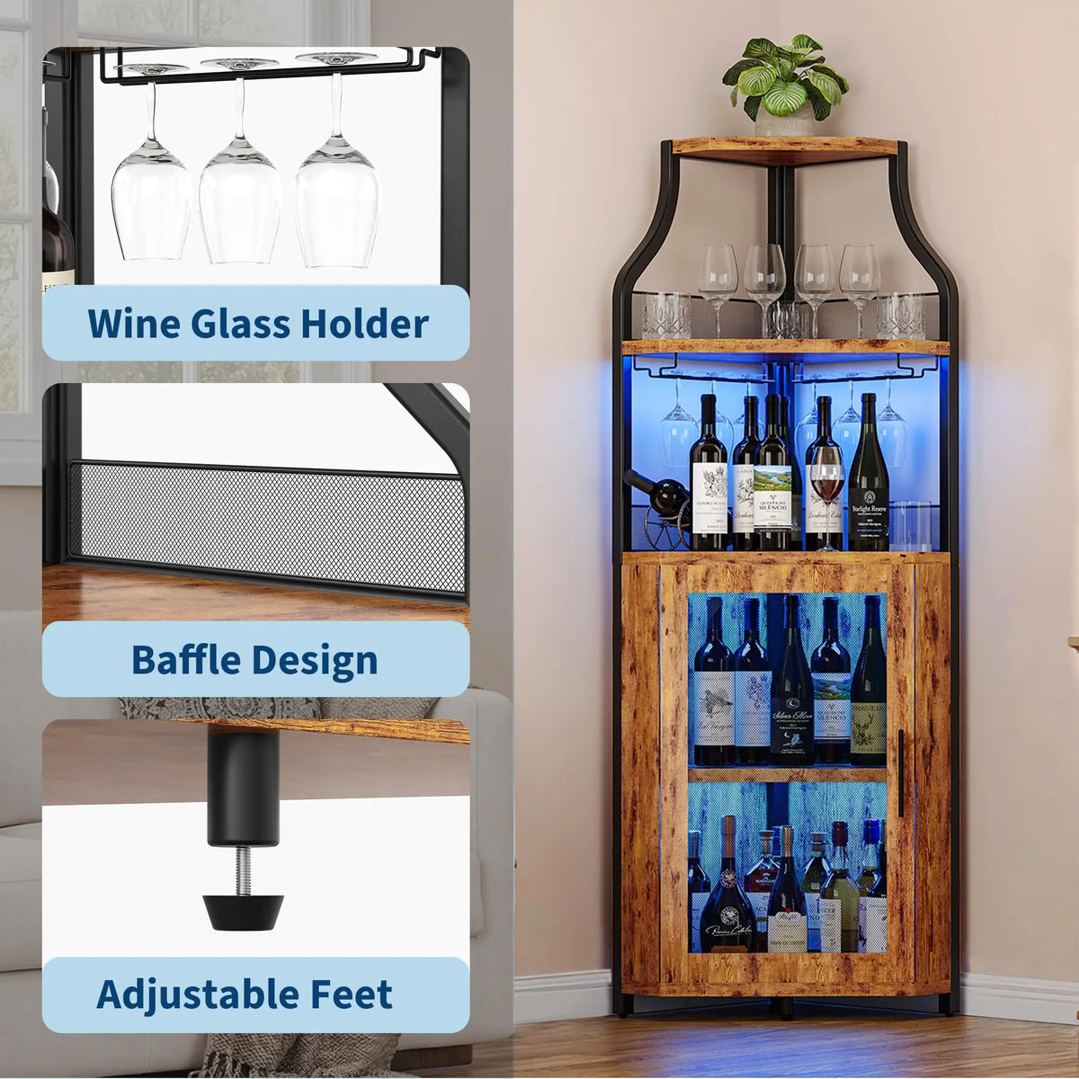 HiMISS Corner Wine Cabinet With LED Lights And Glass Holder
