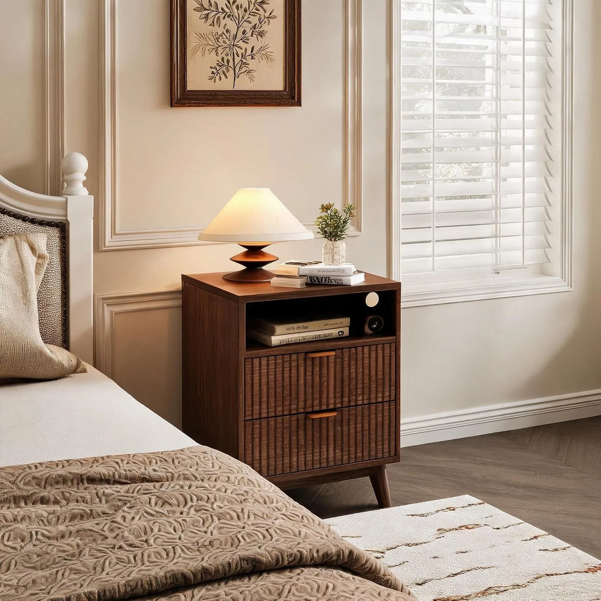 ANIXOL Fluted Wood Nightstand with Drawer and USB Charging Station