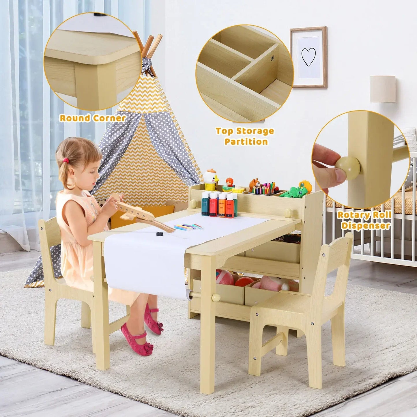 AuAg Kids Art Table And 2 Chairs Set With StorageSpace
