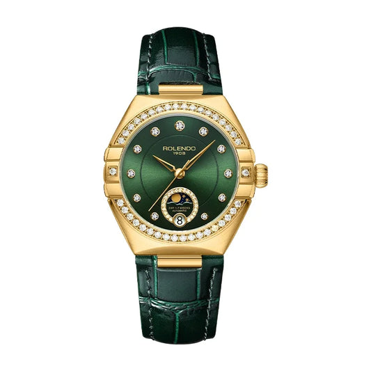 ROLENDO Constellation Style Automatic Women's Watch Secret Emerald Strap Green Dial Day-Date Sapphire Crystal Waterproof Elegant