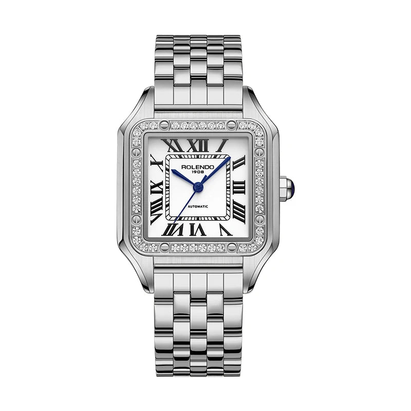 ROLENDO Women's Classic Square Watch for Santos 33mm Diamond-Set Mineral Crystal Roman Scale Luxury Automatic Wristwatch Gift