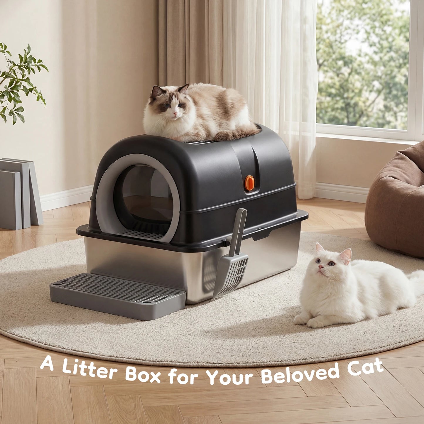 Stainless Steel Fully Enclosed Cat Litter Box With Scoop And Mat