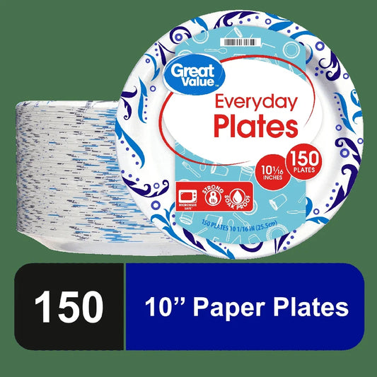 Everyday Disposable Paper Plates - 10 Inch Round 150 Count Soak Proof Microwave Safe For Parties And Gatherings
