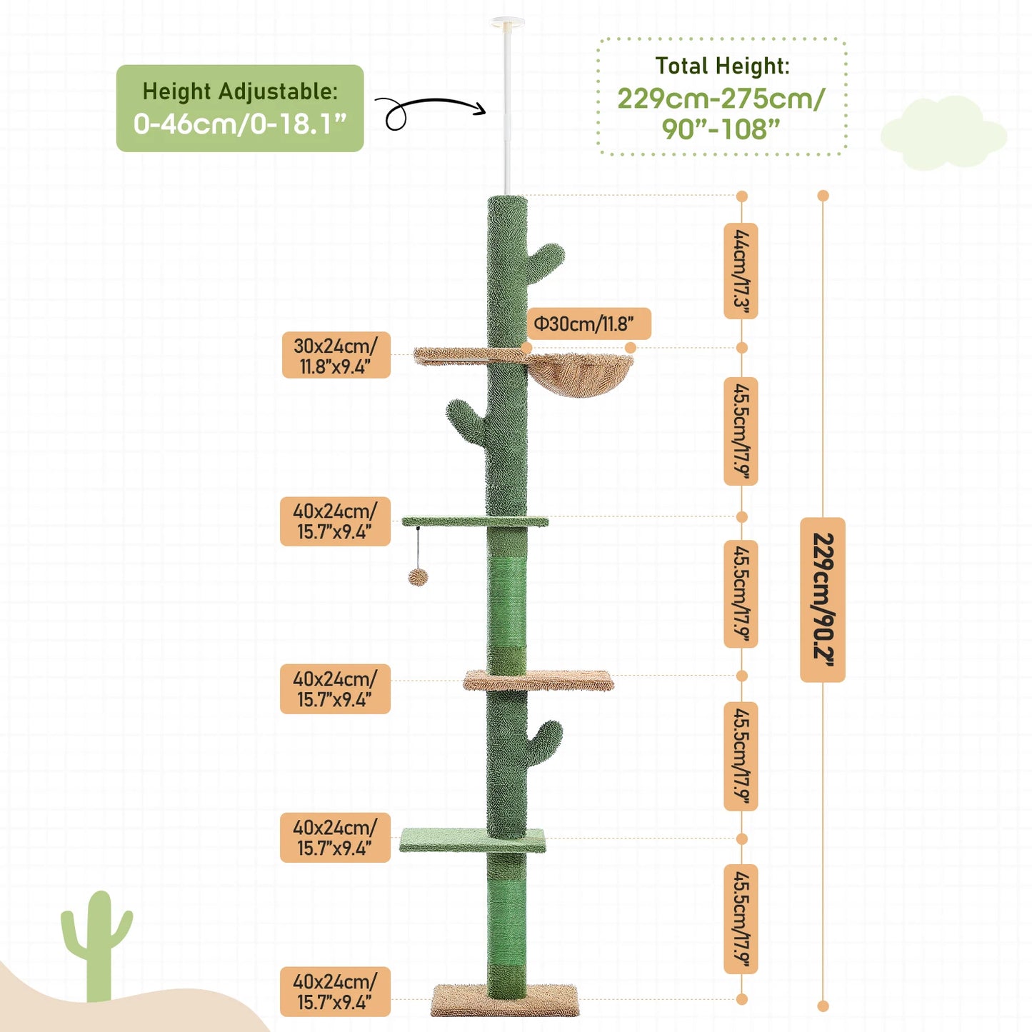 PAWZ Road Cat Tree 5-Tier Floor to Ceiling Cactus Tower
