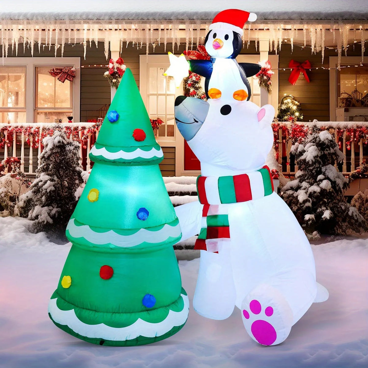 Joyfy Christmas Inflatable Polar Bear With Penguin Tree LED Decoration