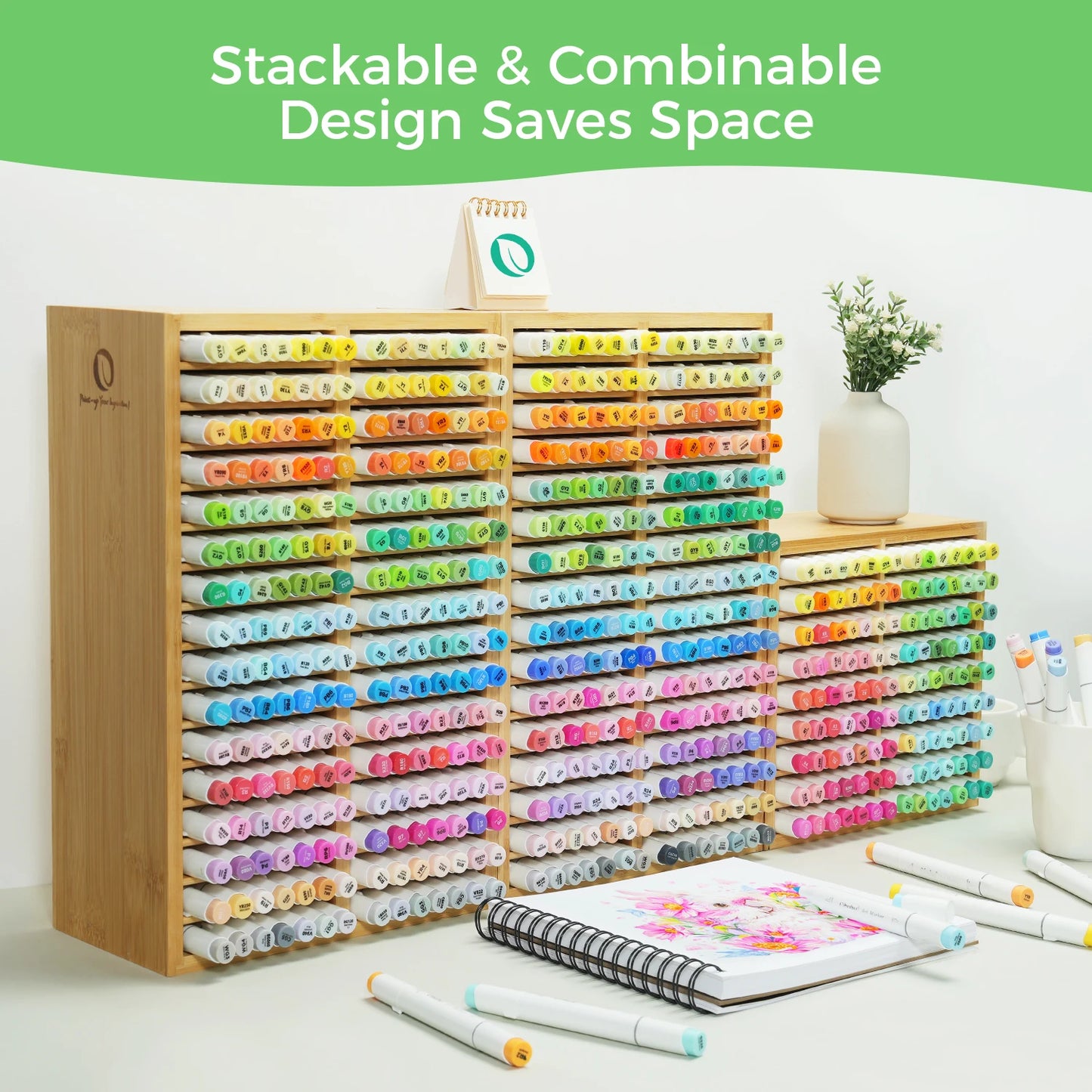 Ohuhu Bamboo Marker Organizer Wood Desk Storage for 126 Markers