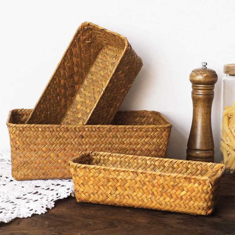 Woven Seagrass Wicker Storage Basket Rectangular Rattan Organizer Sundries