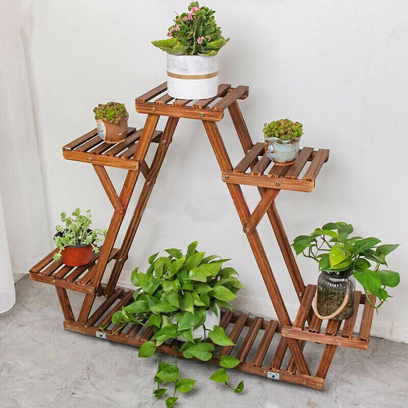 Carbonized Triangle 6 Tier Corner Wood Plant Stand
