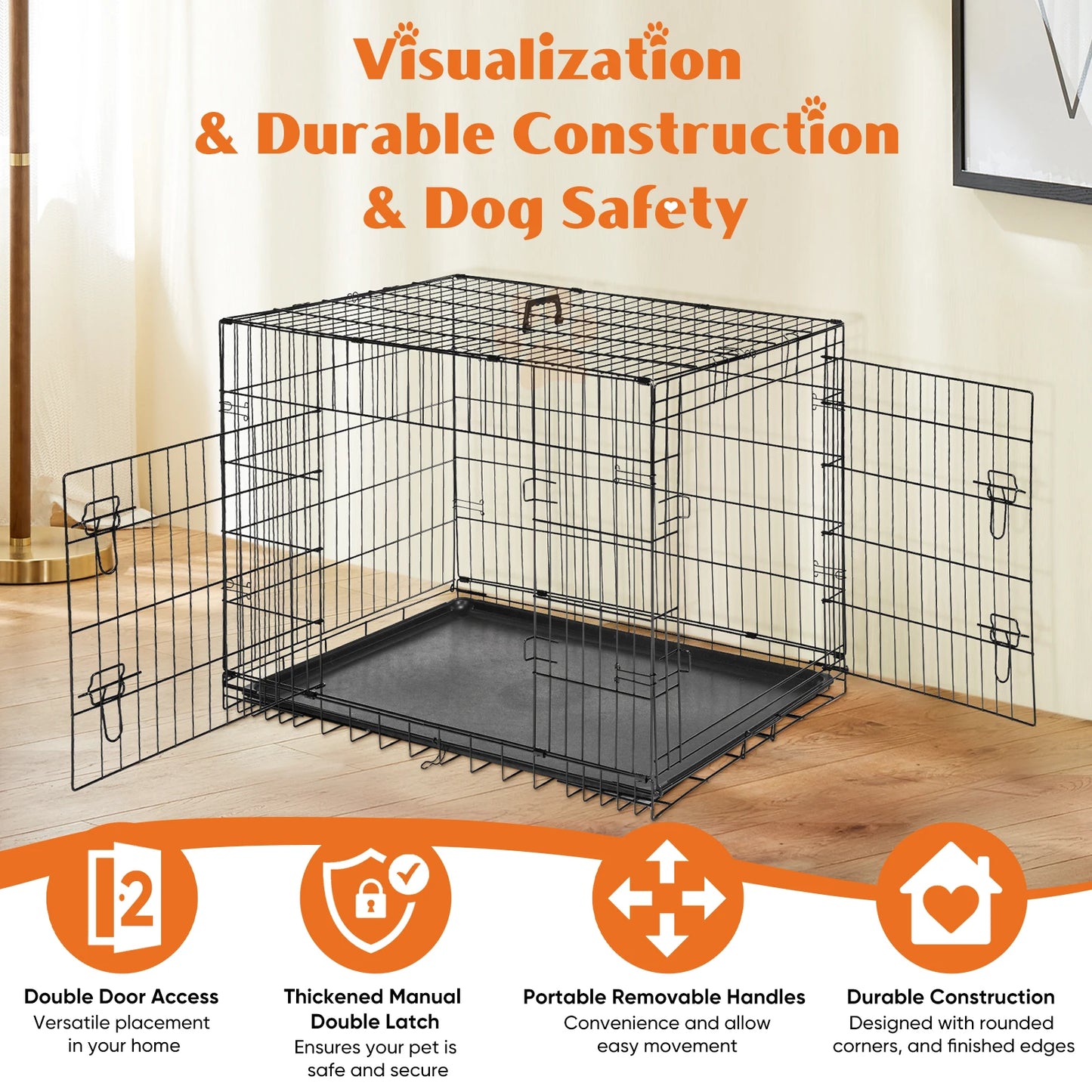 JHK Folding Metal Dog Cage With Double Doors And Pan