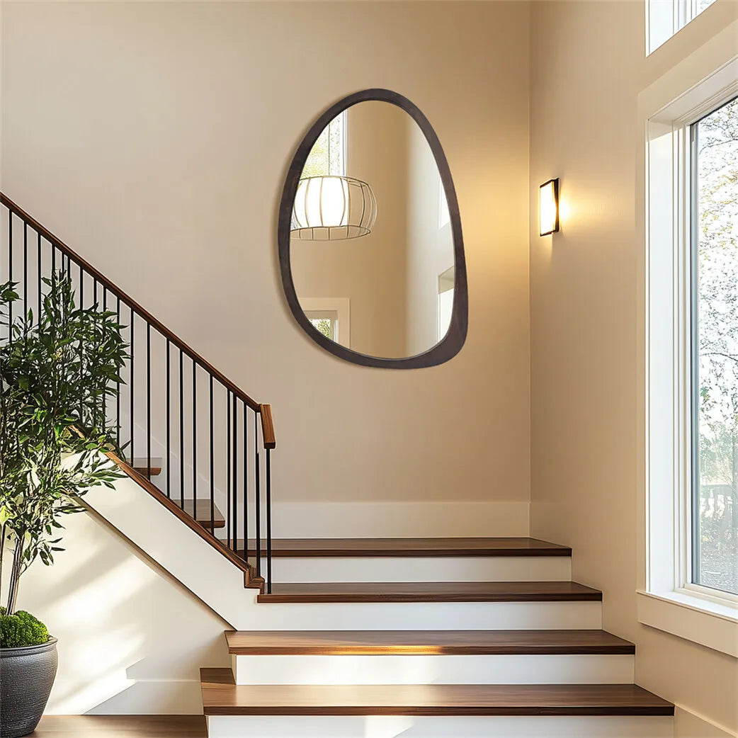 Wall Mirror Decorative Mirror Irregular Industrial Mirror with Black Walnut Wood Frame for Living Room Bedroom Bathroom Entryway