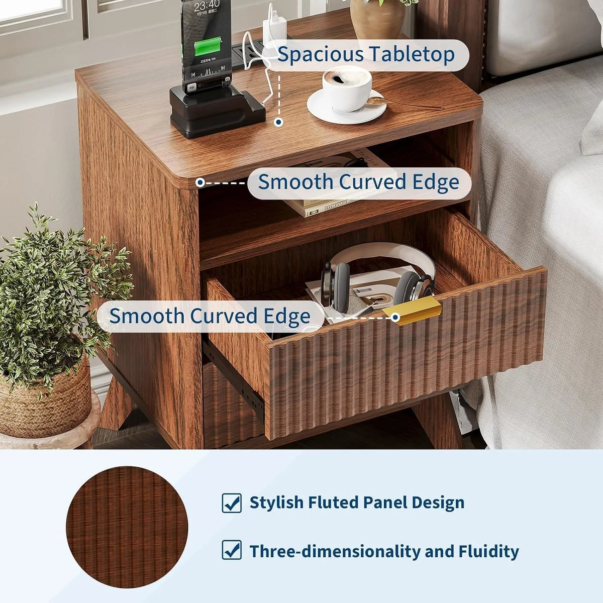 ANIXOL Fluted Wood Nightstand with Drawer and USB Charging Station