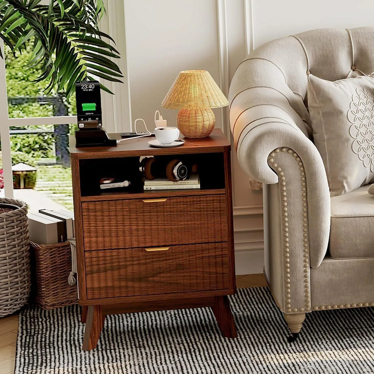 ANIXOL Fluted Wood Nightstand with Drawer and USB Charging Station