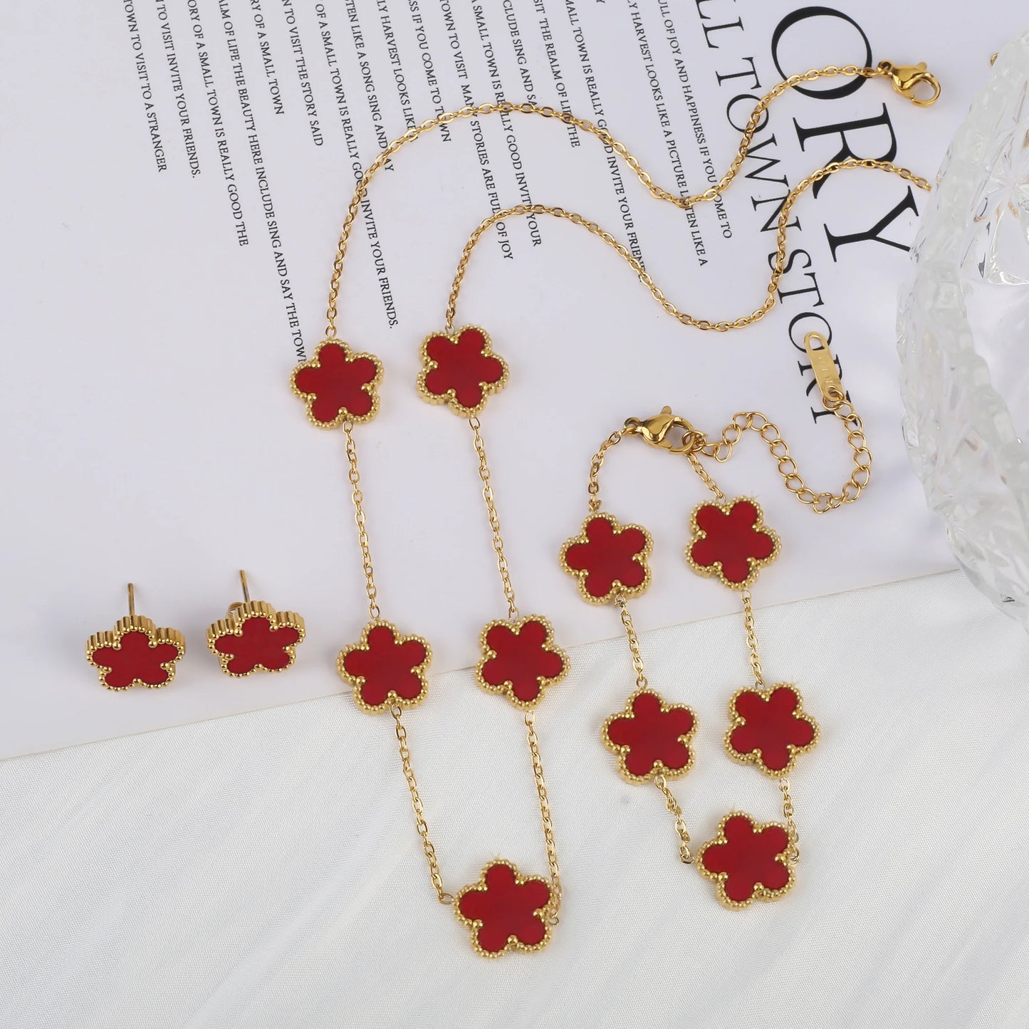 316L Stainless Steel Five Leaf Clover Jewelry Set Gold Plated