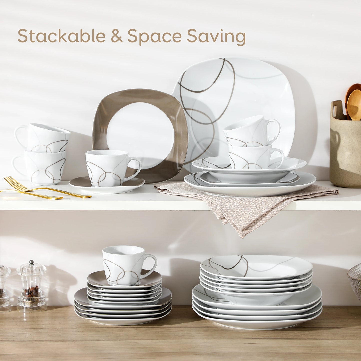 MALACASA Porcelain Dinnerware Set For Six With Plates Cups Saucers