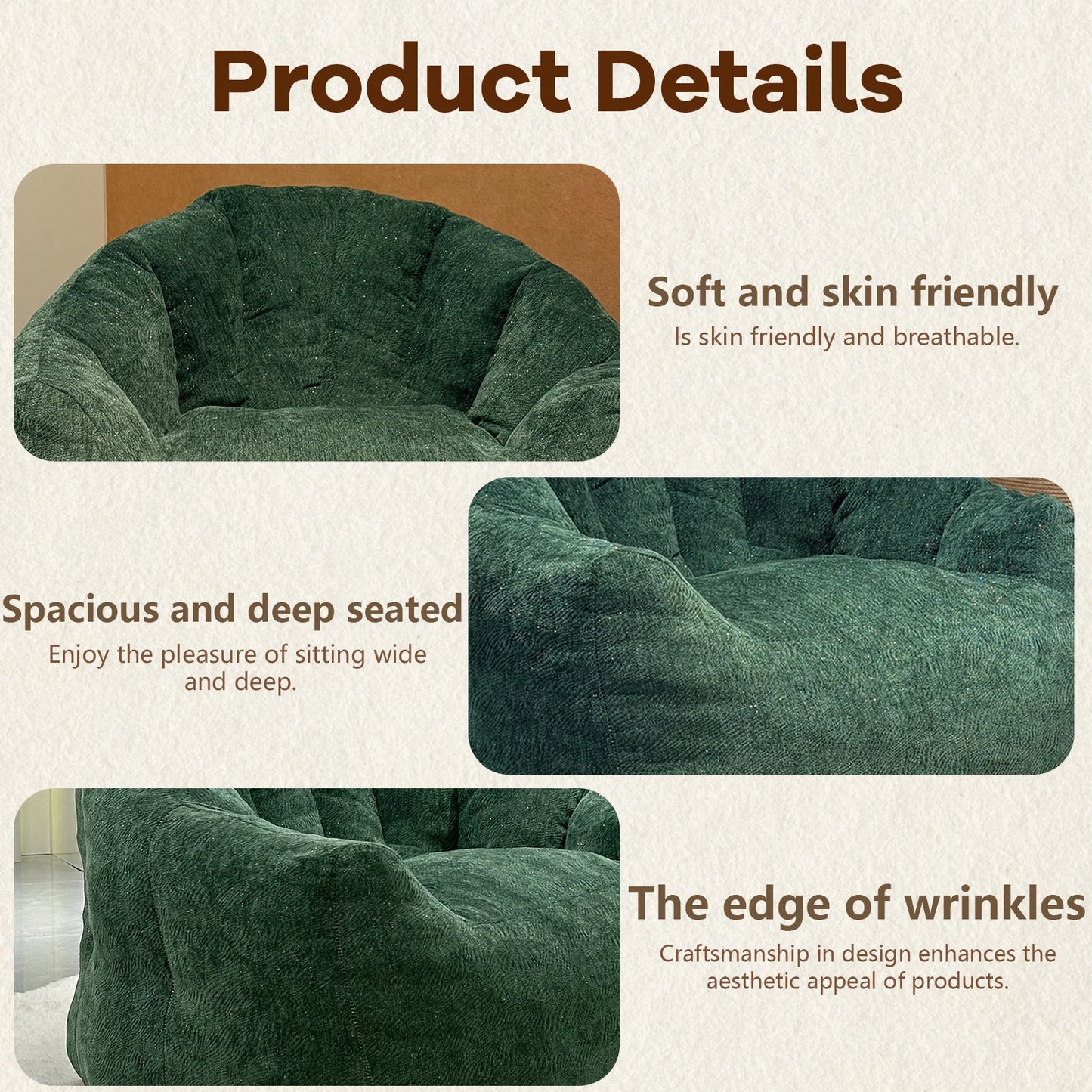 Adult Bean Bag Chair With Rabbit Fur Fabric And Memory Foam Reading Chair