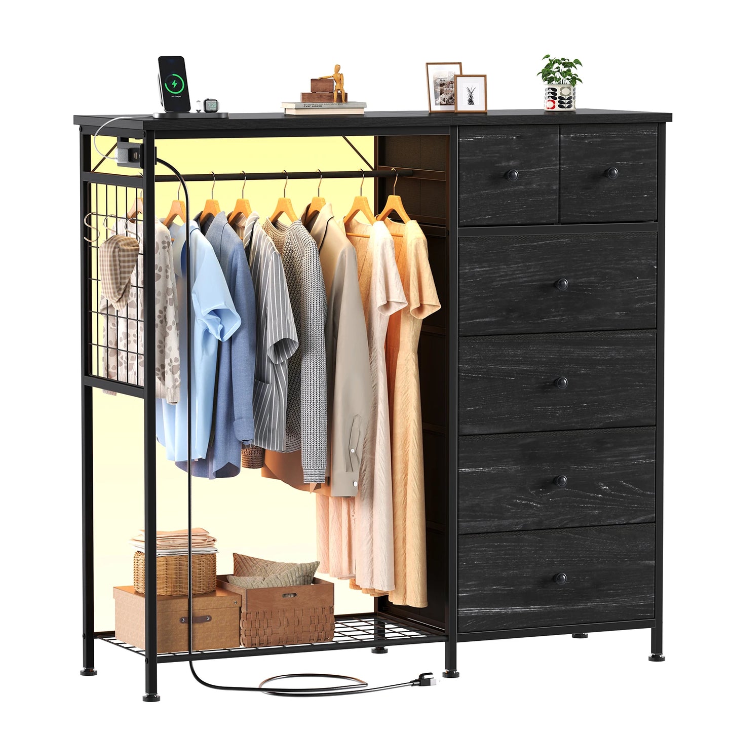 JHK 6 Drawer Fabric Dresser With Charging Station LED Lights