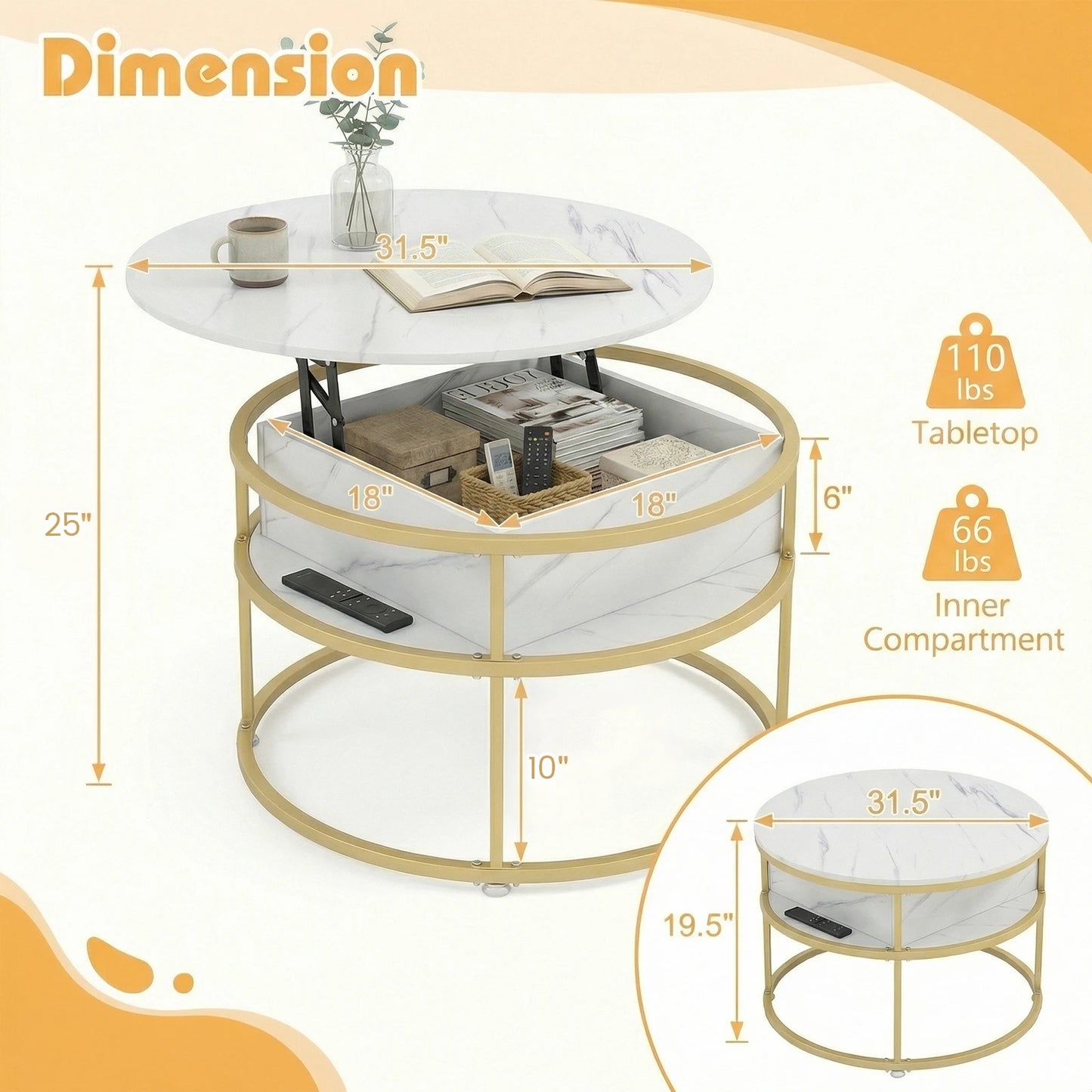 HOMASIS Lift Top Coffee Table With Hidden Compartment And Shelves