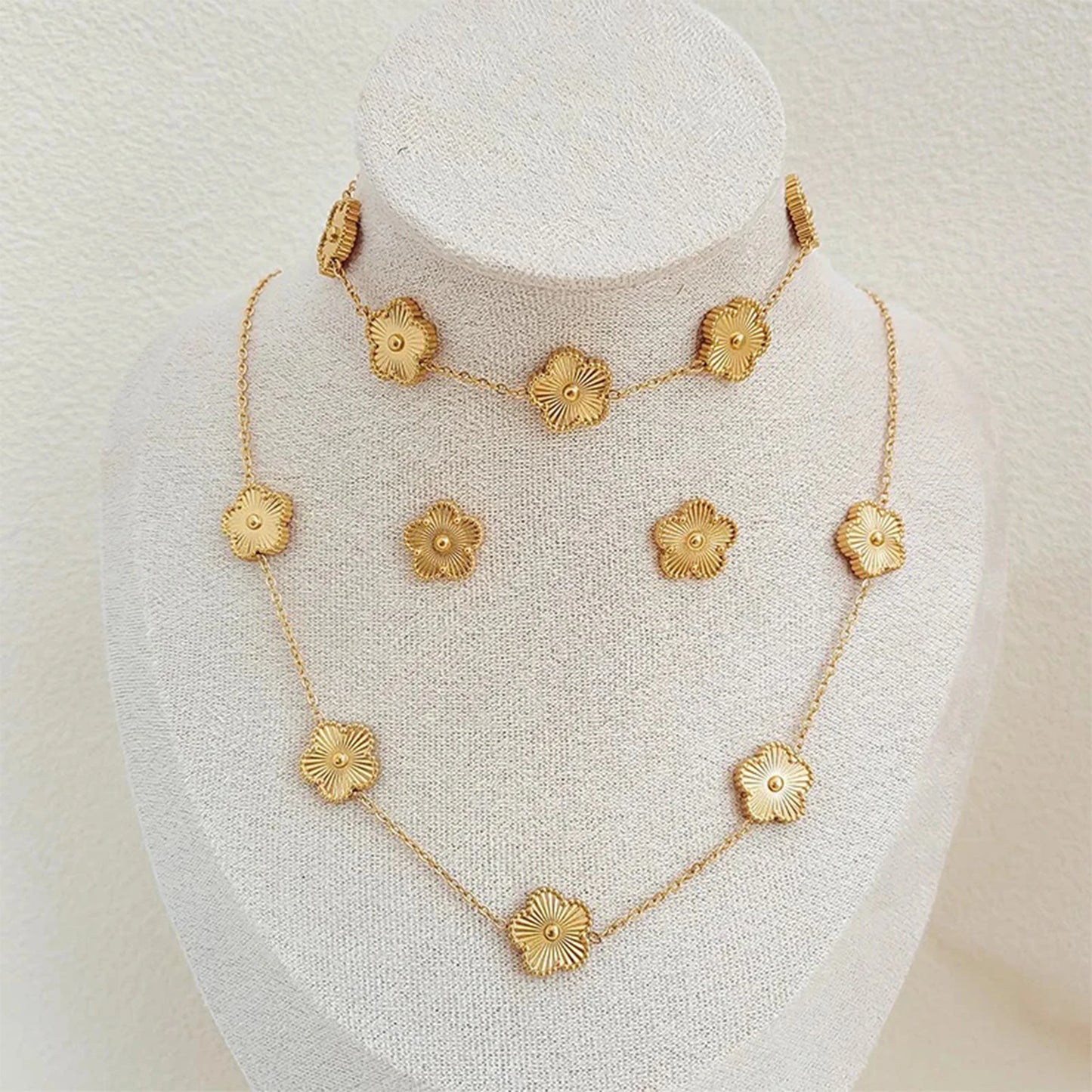 316L Stainless Steel Five Leaf Clover Jewelry Set Gold Plated
