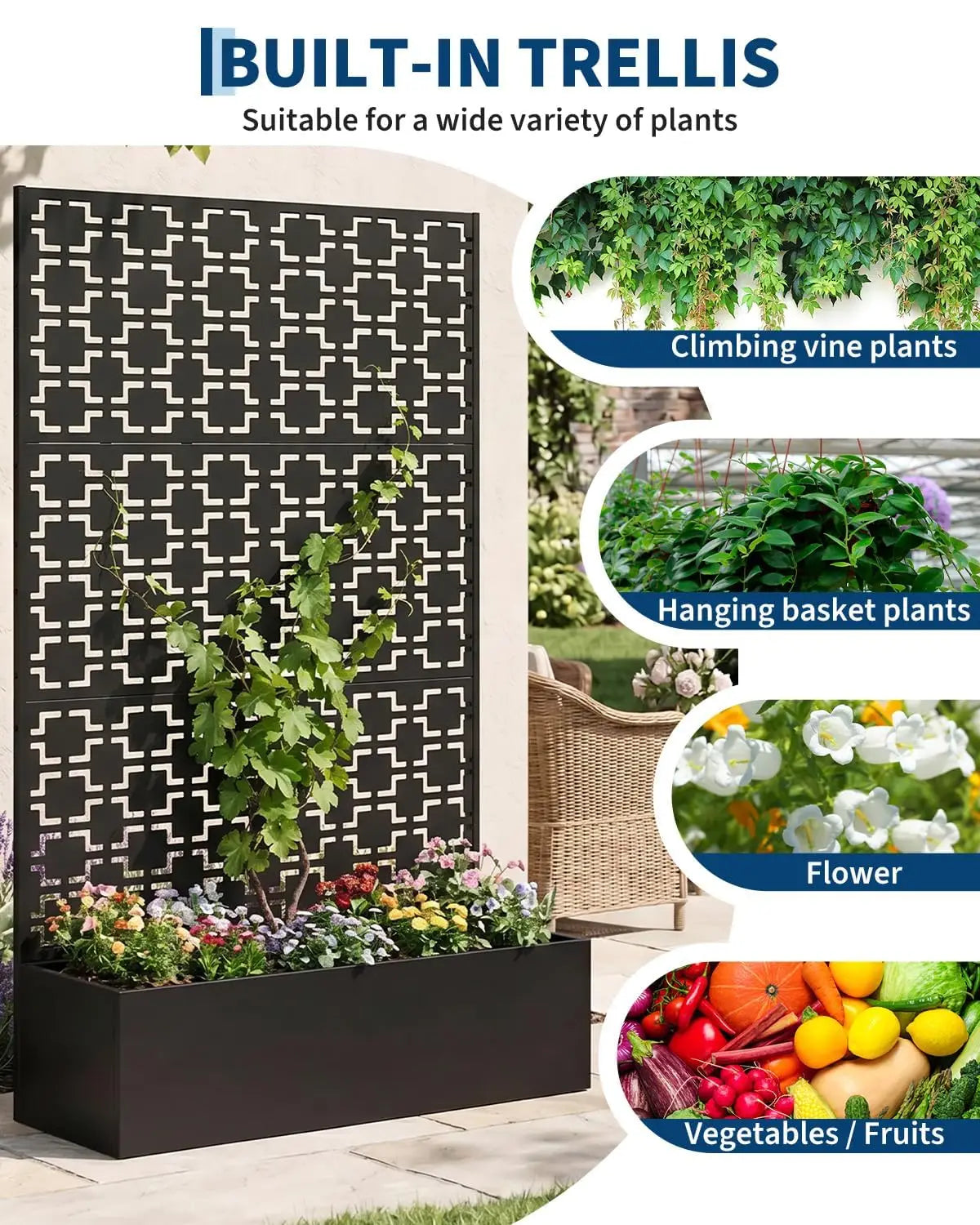 HiMISS Metal Raised Planter Box With Trellis Drainage Holes