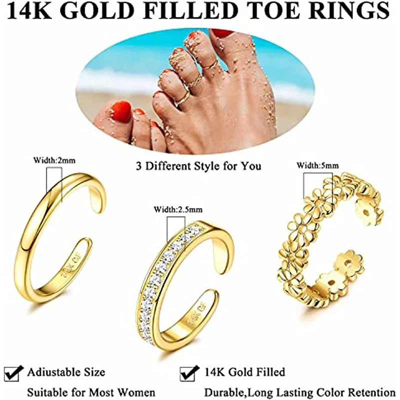 14K Gold Filled Toe Rings for Women Adjustable CZ Flower