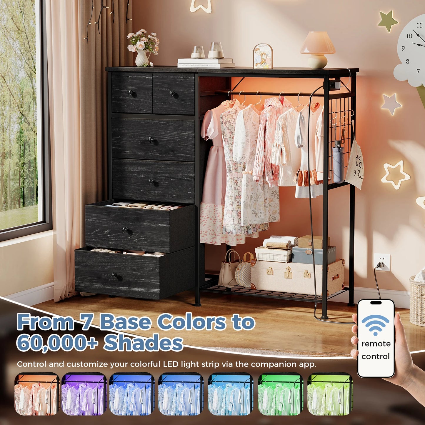 JHK 6 Drawer Fabric Dresser With Charging Station LED Lights