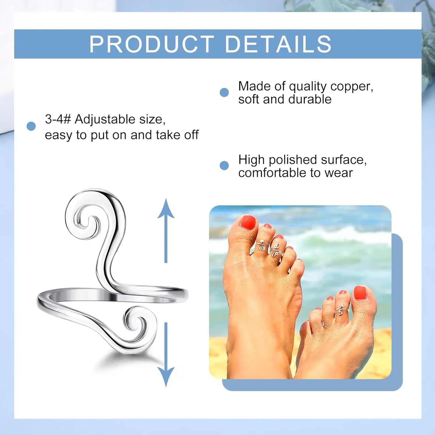 Three Piece Adjustable Toe Rings for Women Open Geometric Jewelry