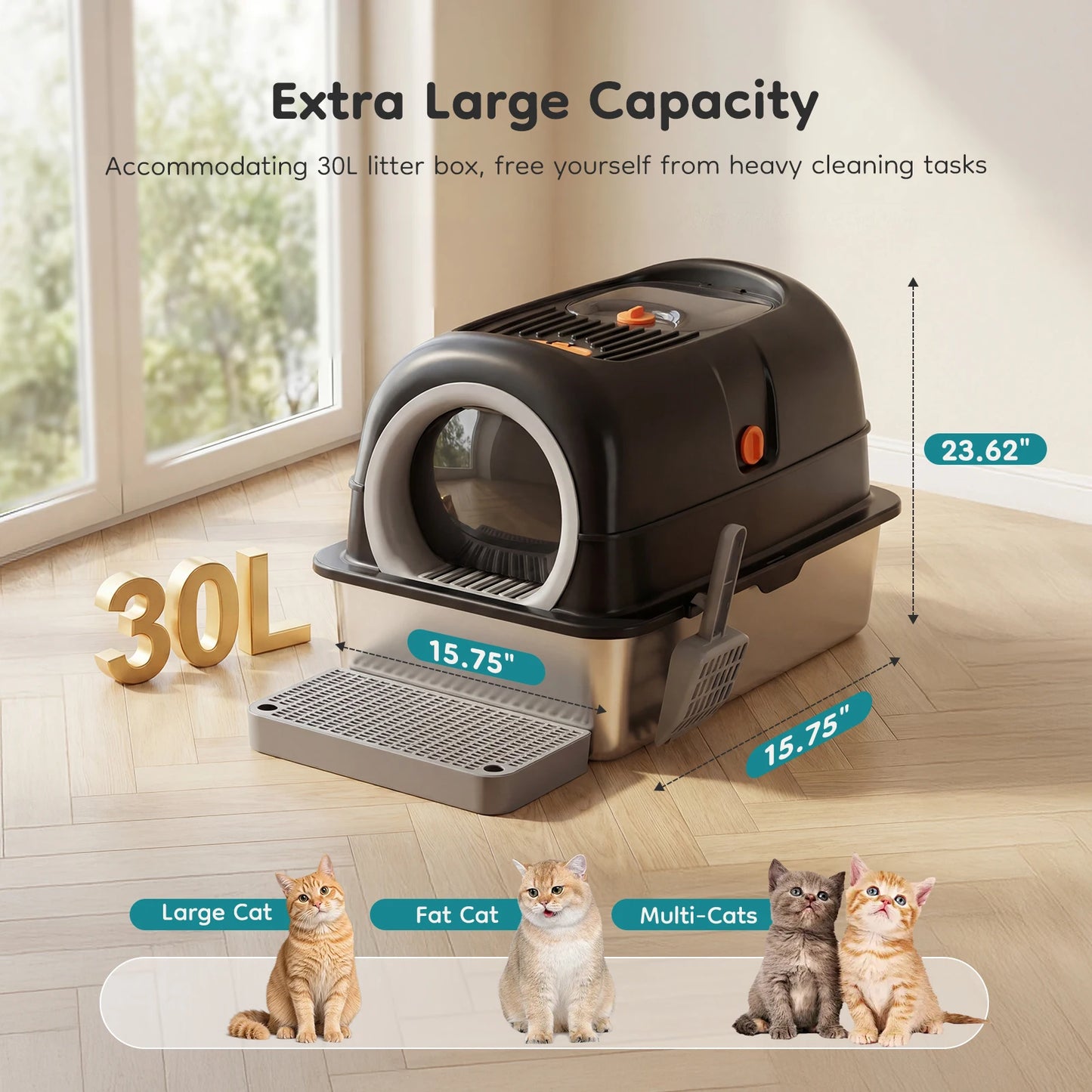 Stainless Steel Fully Enclosed Cat Litter Box With Scoop And Mat