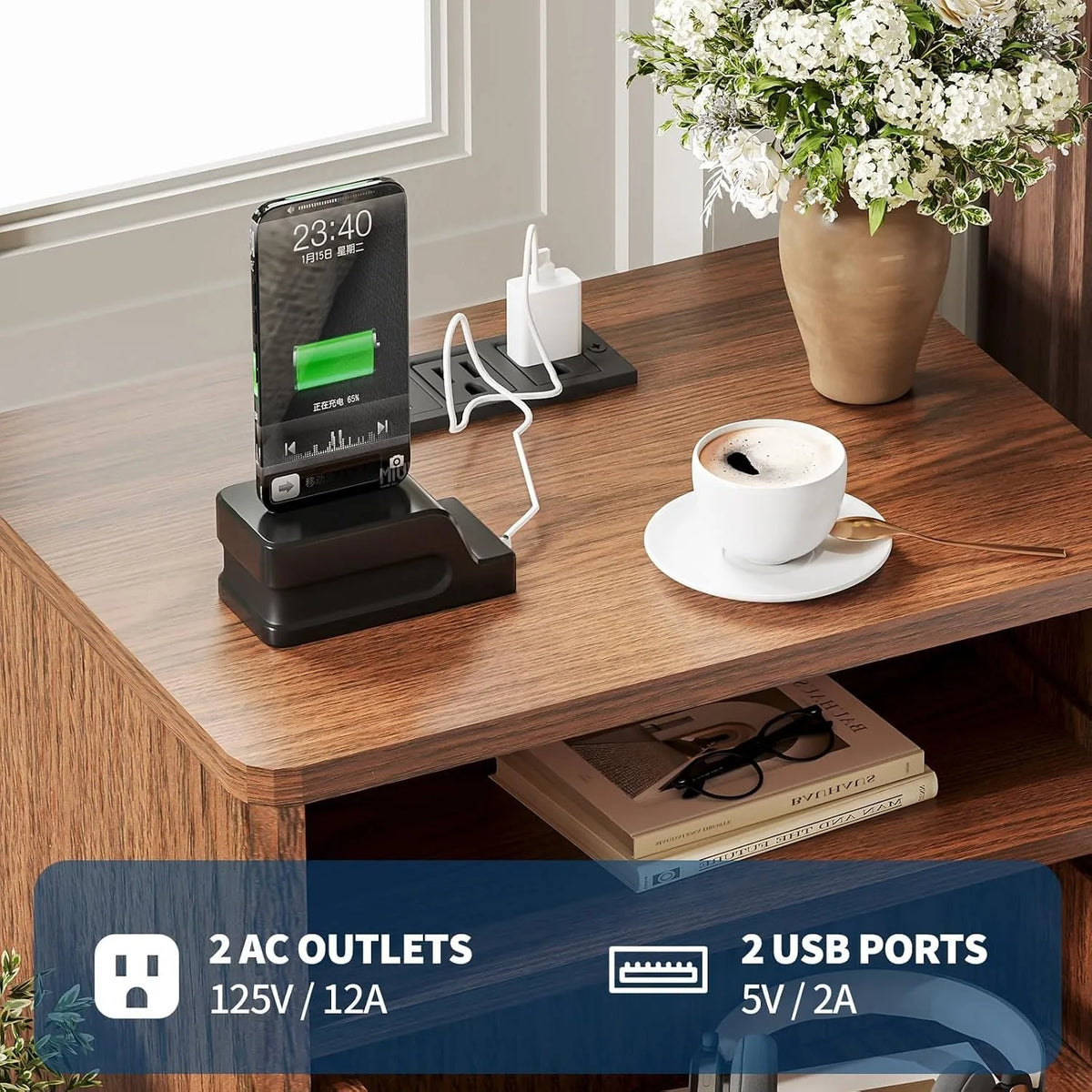 ANIXOL Fluted Wood Nightstand with Drawer and USB Charging Station