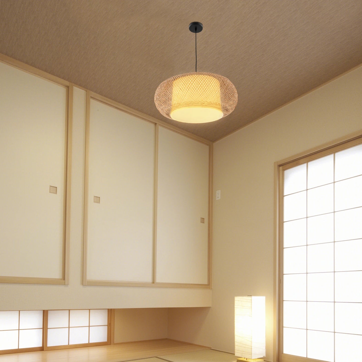 Bymaocar Natural Bamboo Wicker Pendant Lamp Modern Cage Chandelier EnergyEfficient