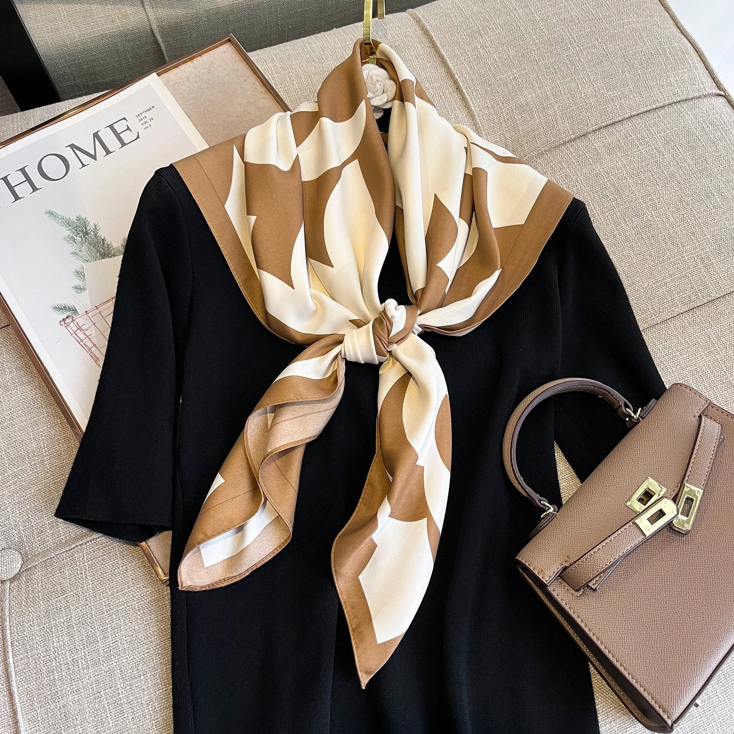 Fashion Floral Print Satin Twill Square Scarf For Women Neck Tie Bandana