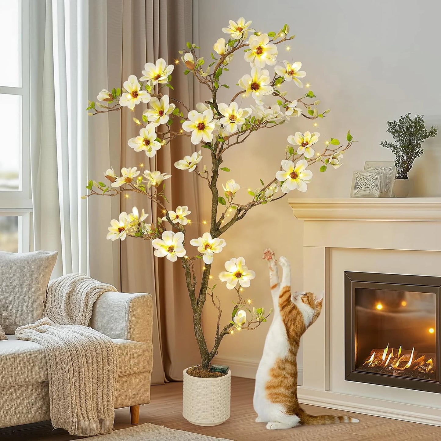Artificial Magnolia Plant With LED Lights For Outdoor Patio Decor