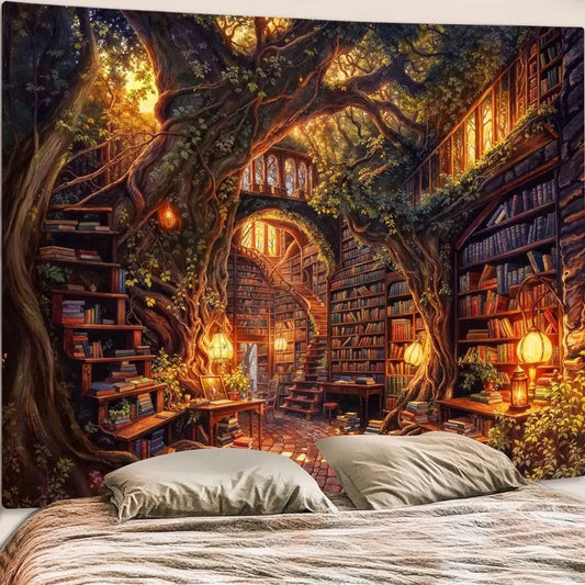Forest Library Tapestry Tree Bookshelf Wall Hanging Vintage Fantasy Fairy