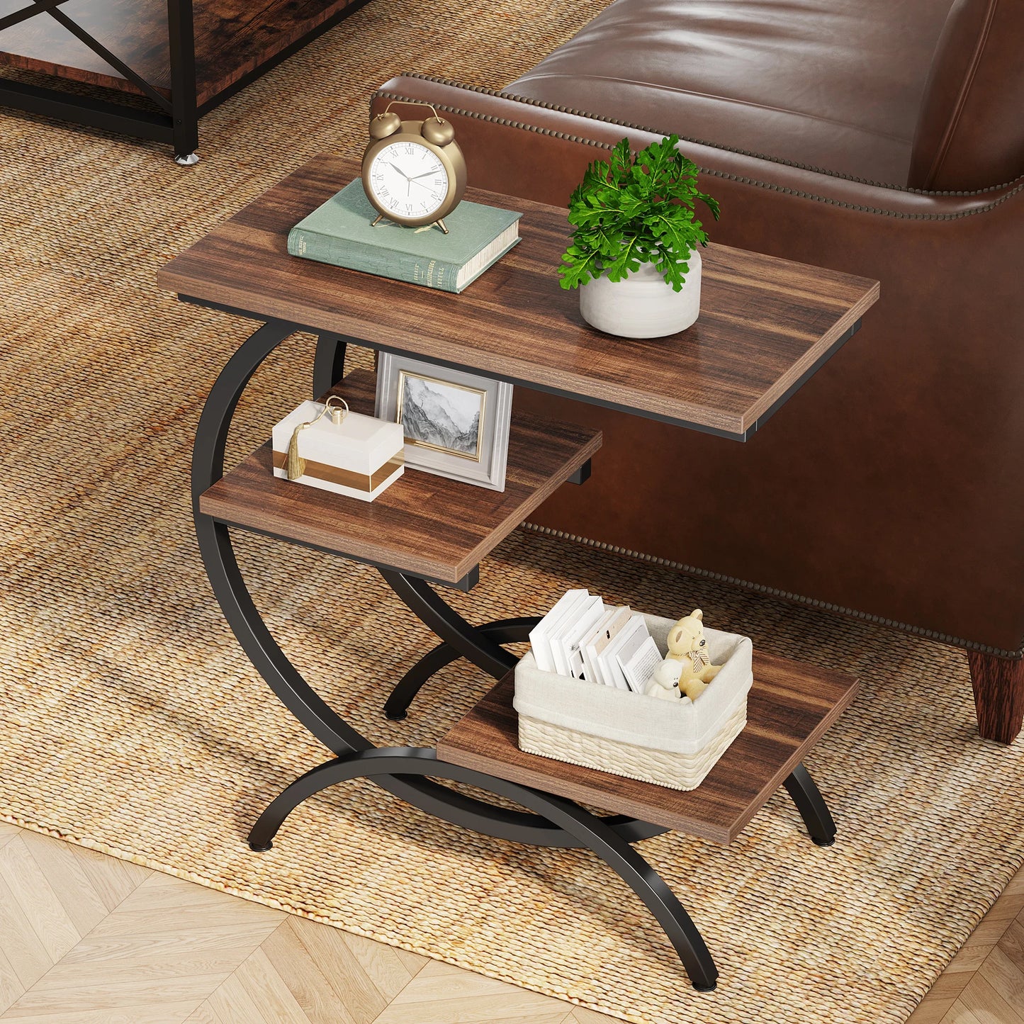 Tribesigns C Shaped End Table Industrial Three Tier Couch Table