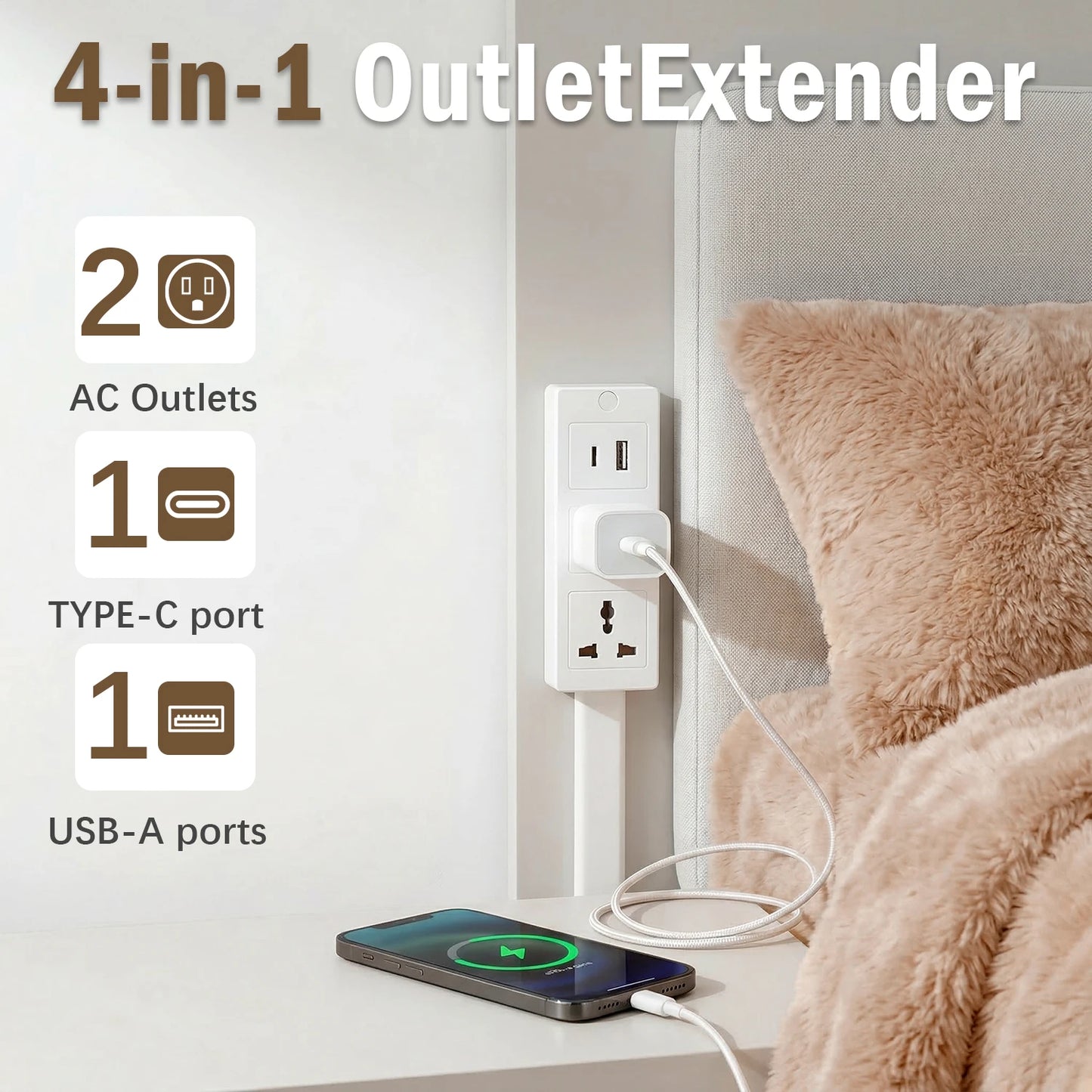 3 Retractable USB C Power Strip US Plug Wall Socket