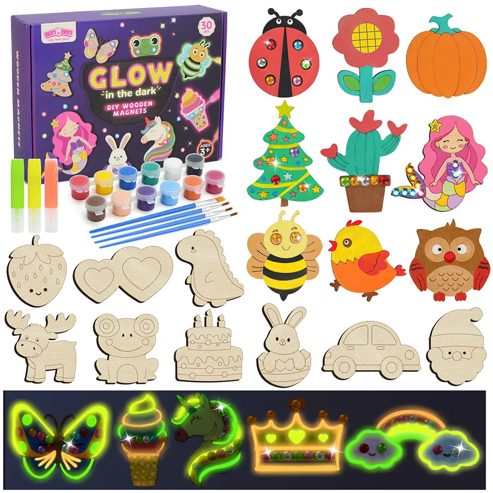 Wooden Magnet Craft Kit With Glow Paints And Gem Stickers