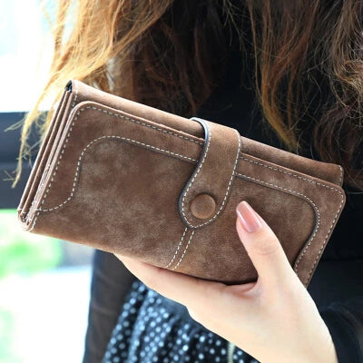 Nubuck Leather Long Wallet For Women Hasp Clutch Card Holder