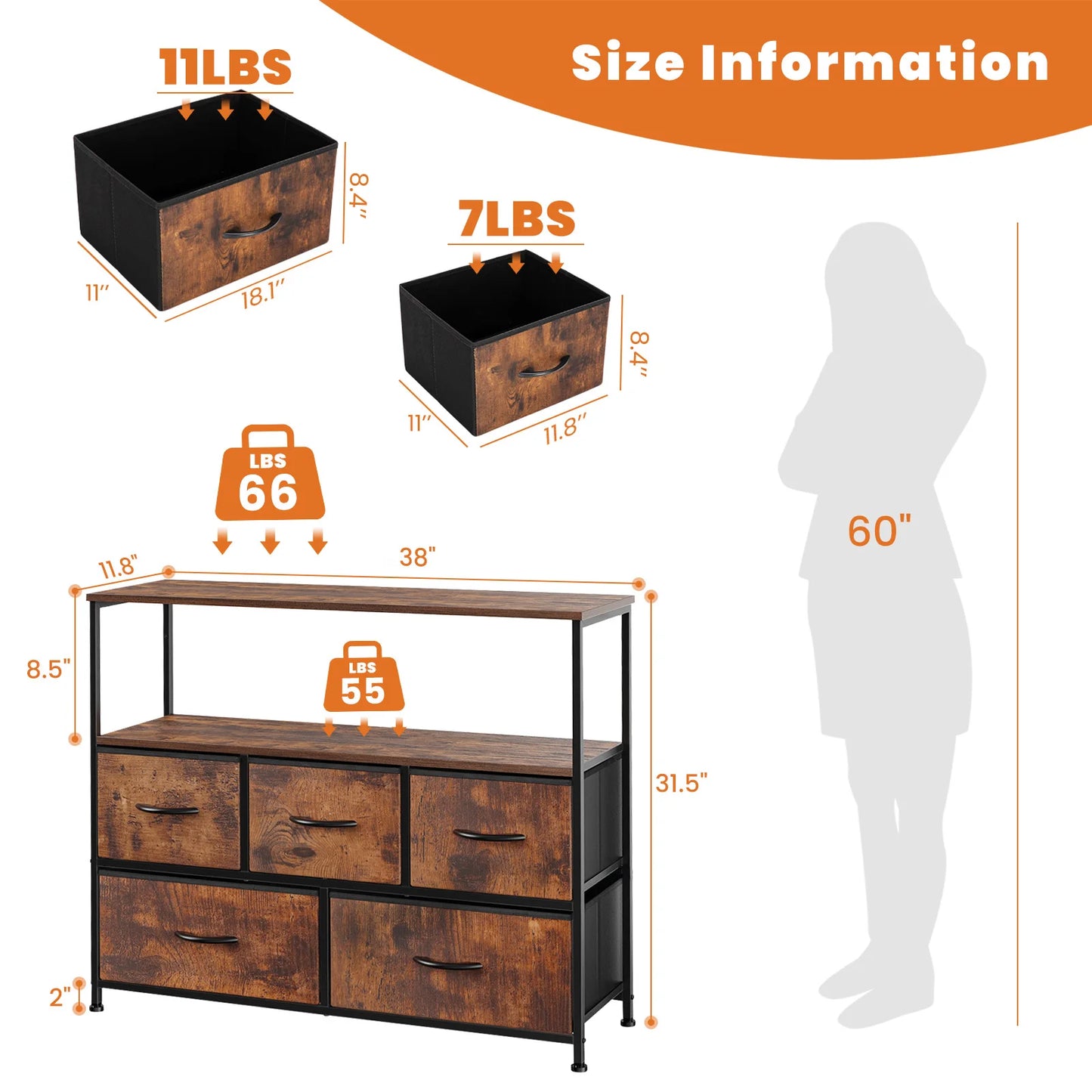JHK Five Drawer Shoe Cabinet TV Stand With Storage