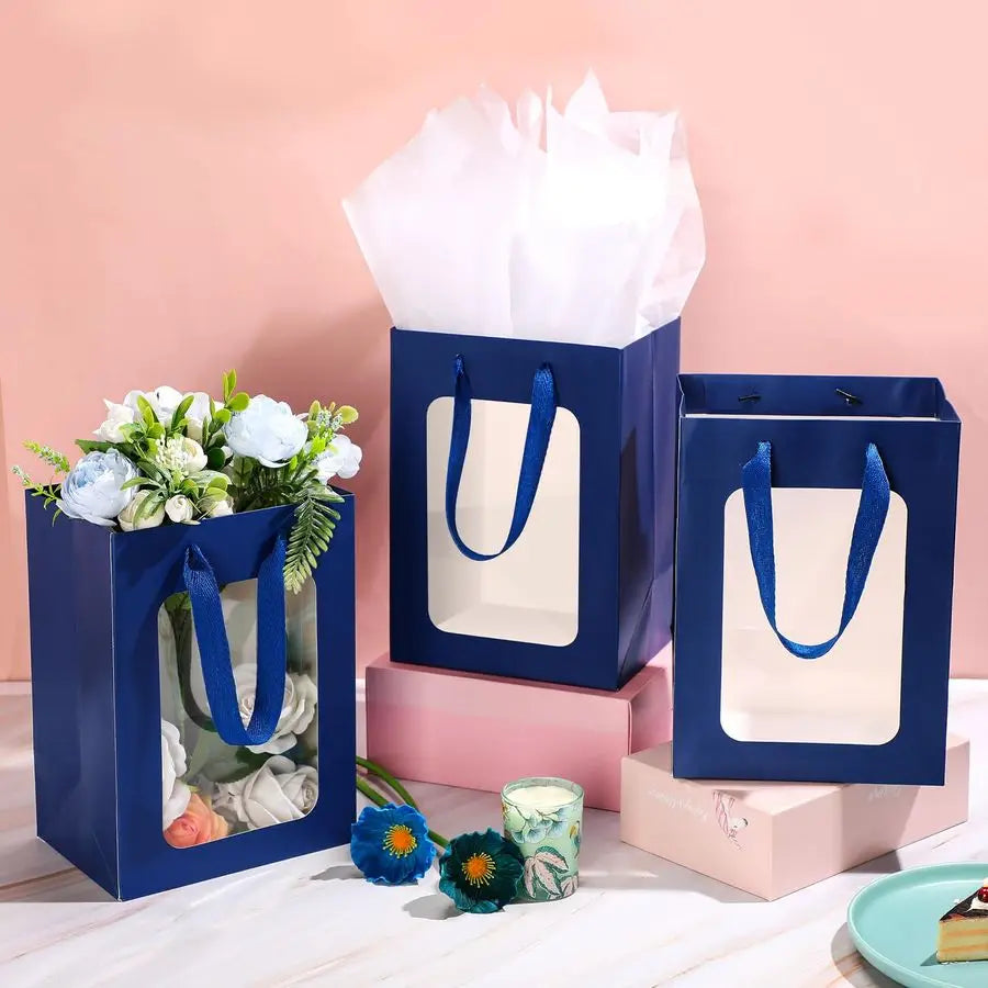 Generic Kraft Clear Gift Bags With Tissue Paper - Transparent Window Bags With Handles For Business Use 10x7x5 Inches