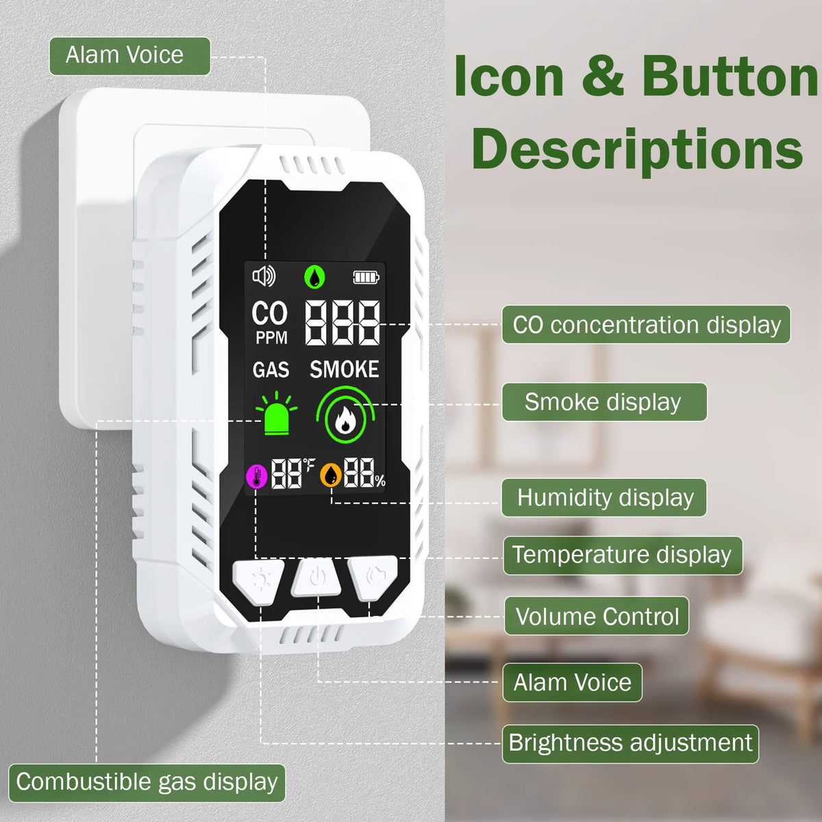 5-In-1 Carbon Monoxide Smoke And Gas Detector With Hd Screen
