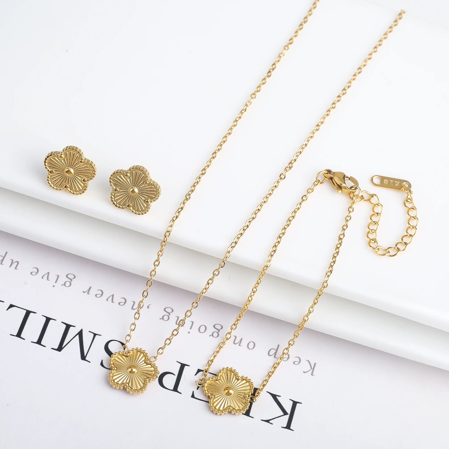 316L Stainless Steel Five Leaf Clover Jewelry Set Gold Plated