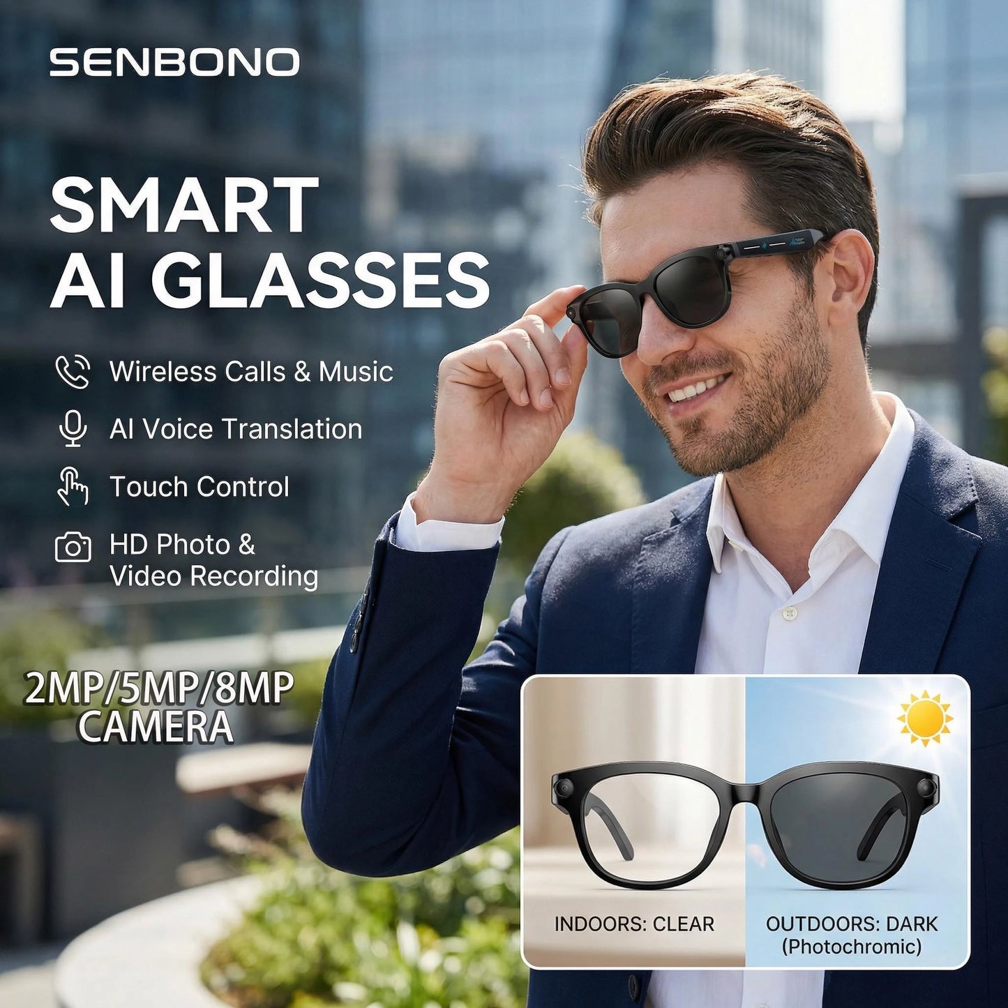 SENBONO AI Smart Glasses With Camera Photo Recognition And Translation