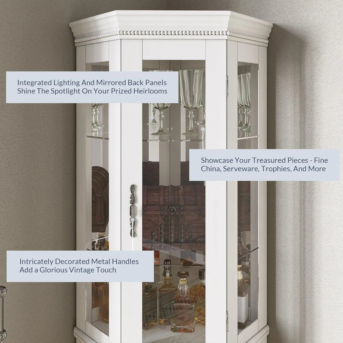 Lighted Three Side Glass Display Corner Curio Cabinet With Tempered Doors