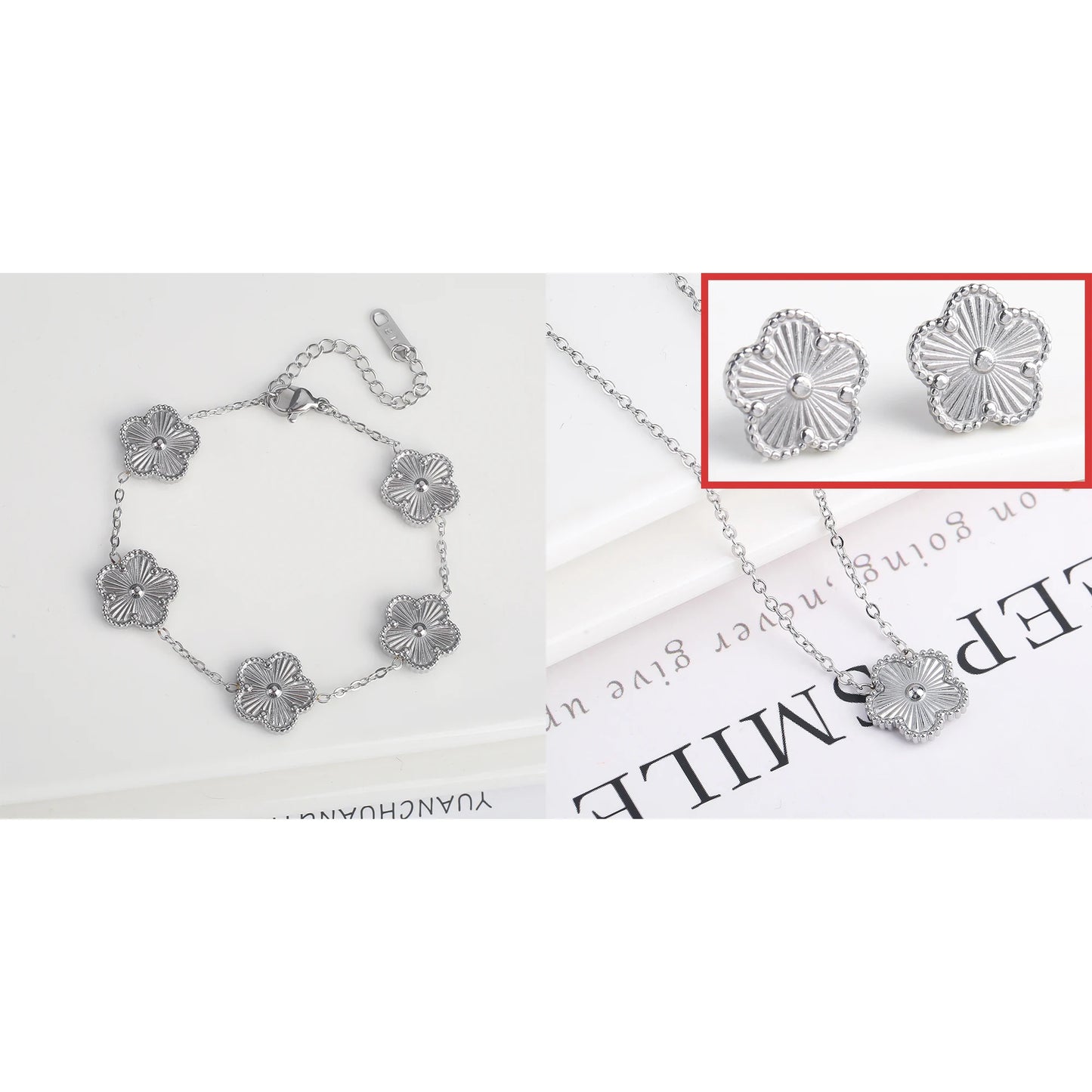 316L Stainless Steel Five Leaf Clover Jewelry Set Gold Plated