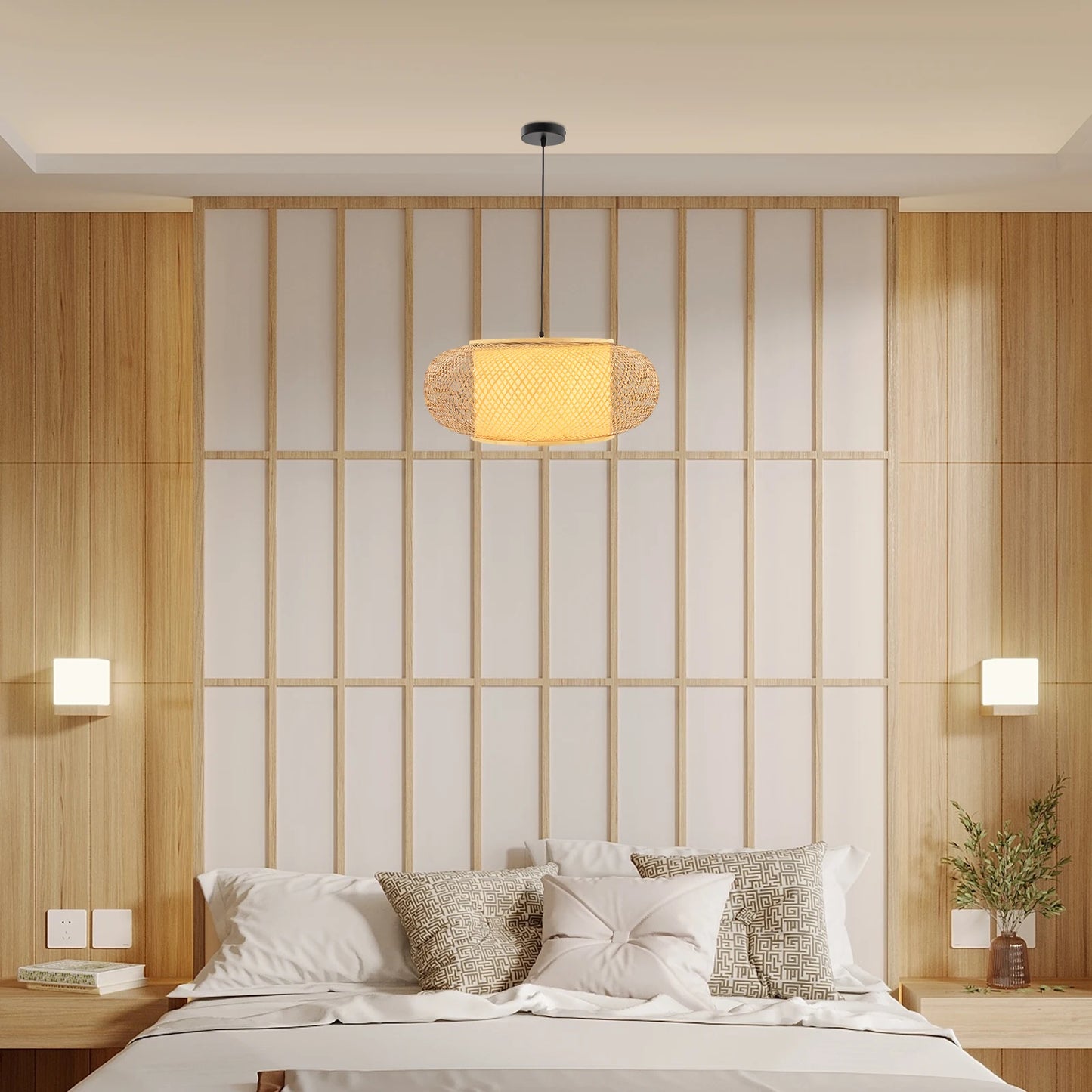 Bymaocar Natural Bamboo Wicker Pendant Lamp Modern Cage Chandelier EnergyEfficient