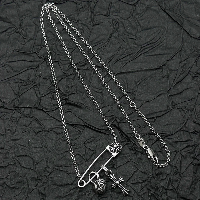 S925 Sterling Silver Peach Heart Cross Pin Necklace Pendant