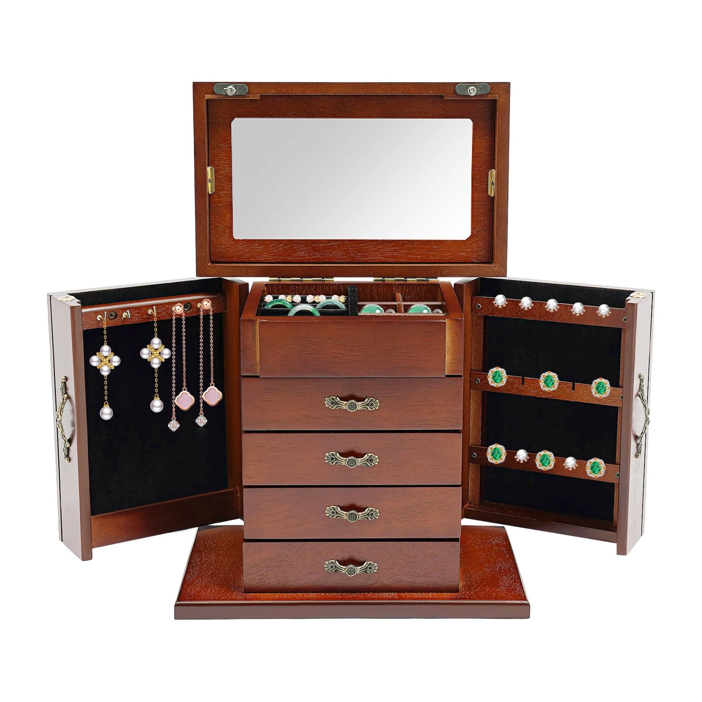 NONECN Five Tier Four Drawer Wooden Jewelry Box With Mirror