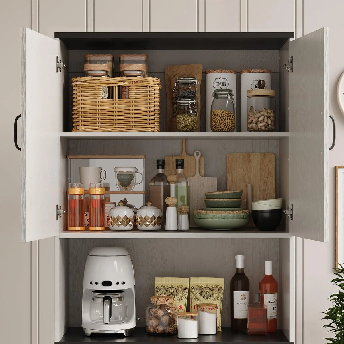 Farmhouse Kitchen Pantry Cabinet With Charging Station And Storage
