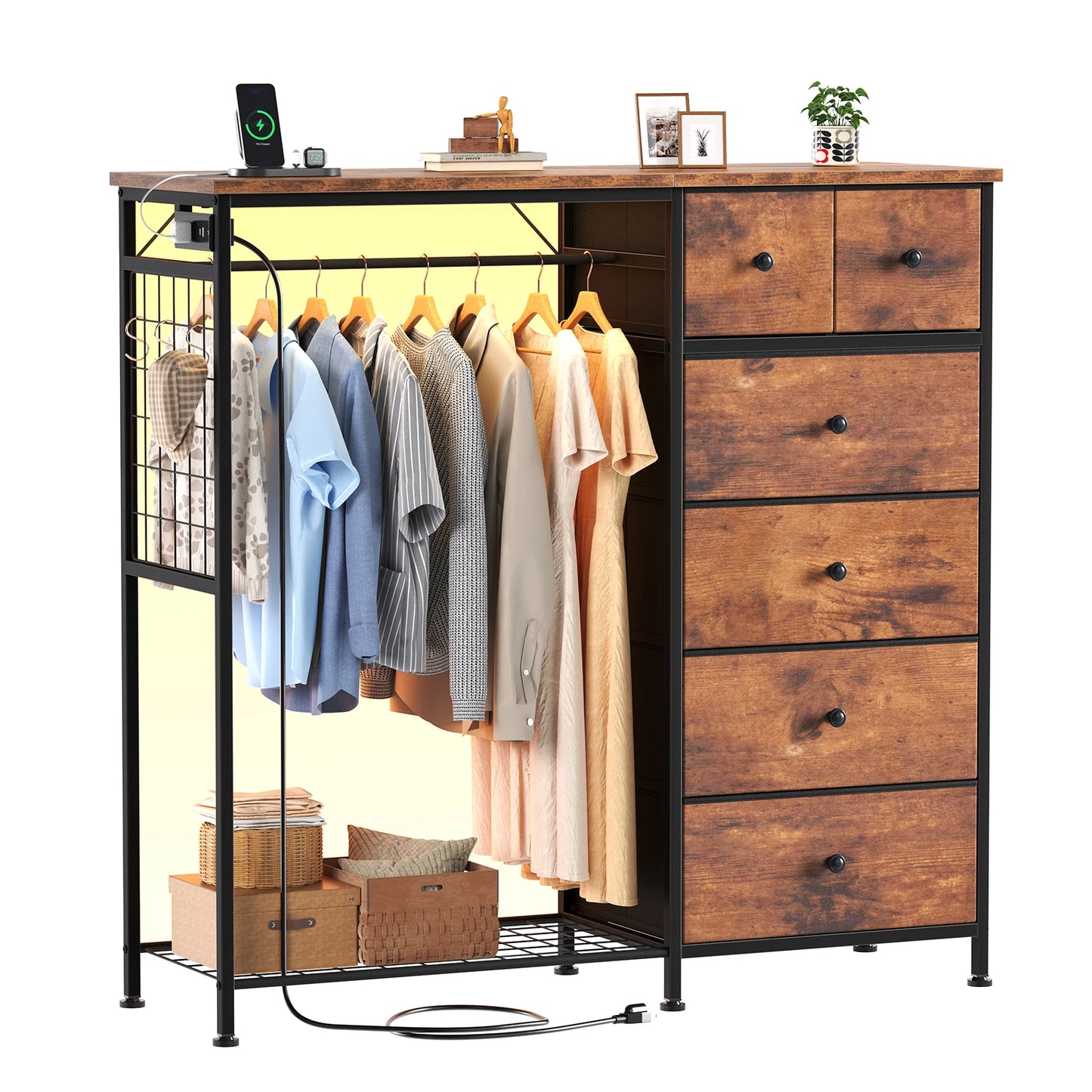 JHK 6 Drawer Fabric Dresser With Charging Station LED Lights