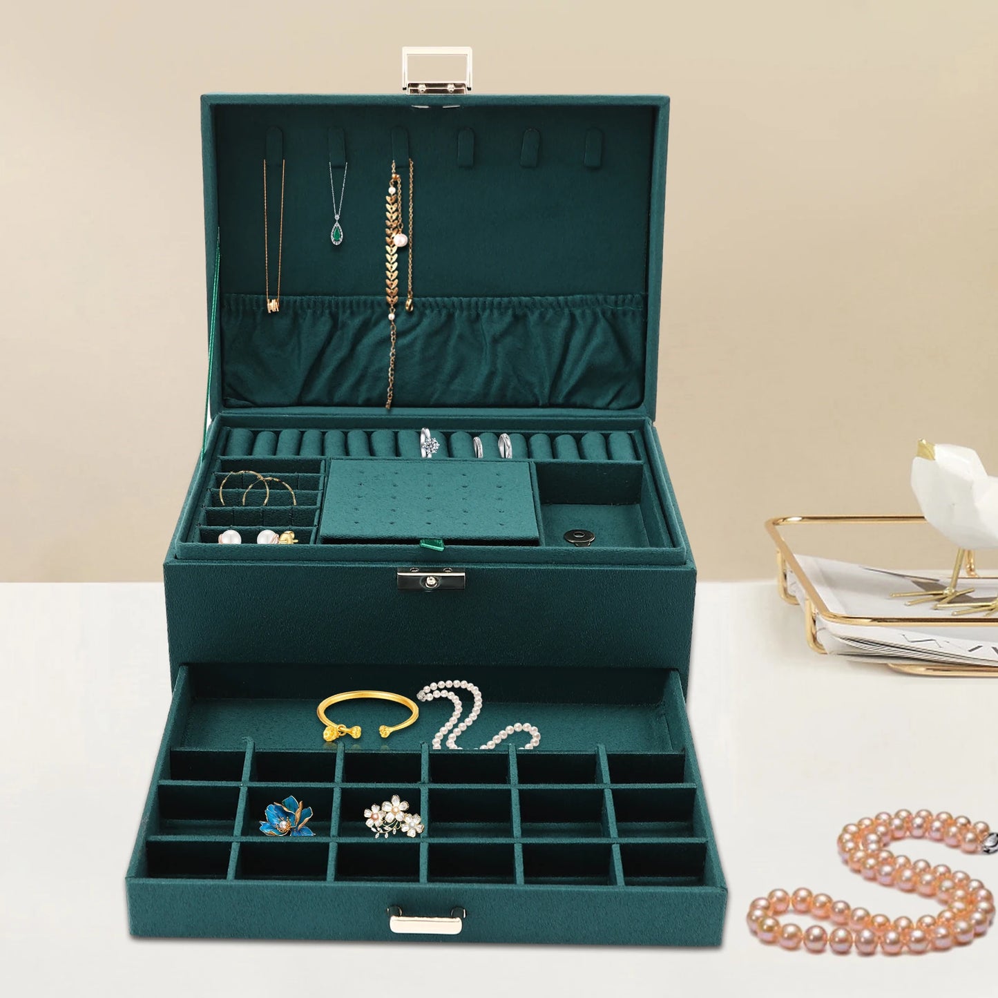 NONECN 3 Tier Jewelry Box With Safe Lock For Rings