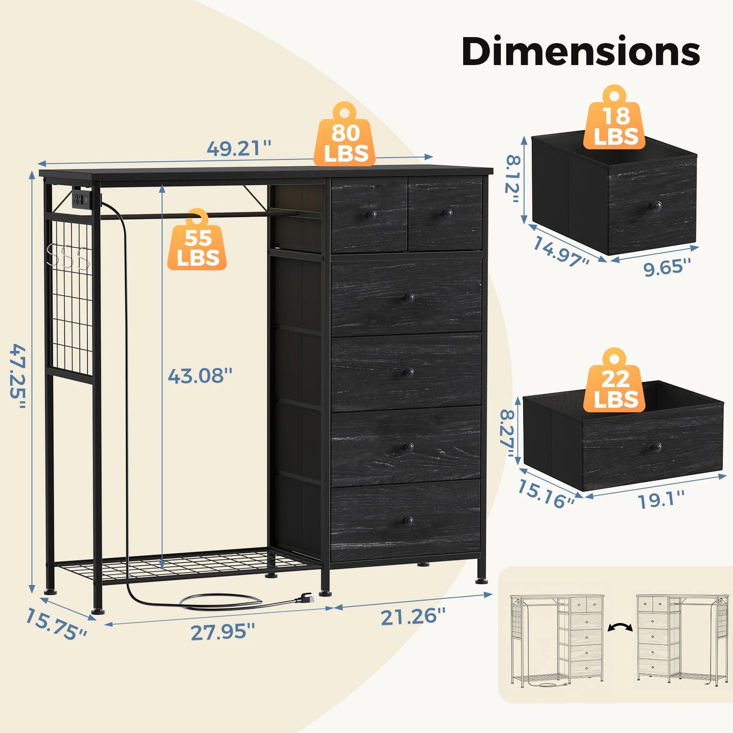 JHK 6 Drawer Fabric Dresser With Charging Station LED Lights